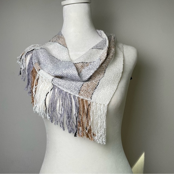 Handmade Neutral Minimalist Boho Striped Beachy Coastal Lagenlook Artisan Scarf - Picture 13 of 13